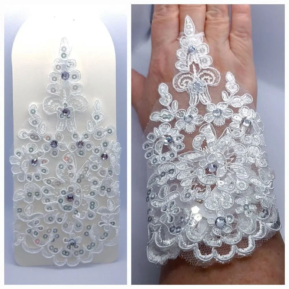 Bridal Fingerless White Lace Gloves – Rhinestone Sequin Wedding Formal Princess